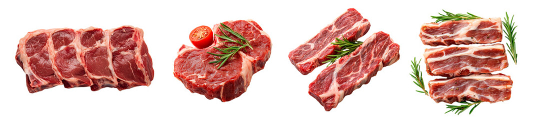 Obraz premium Set of raw red meat steak png. Marinated pieces of red meat with sprigs of rosemary on a transparent background. Meat for grilling, barbecuing, etc.