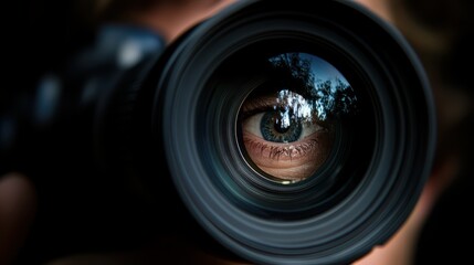 Close-up of an eye reflected in a camera lens, artistic and engaging.