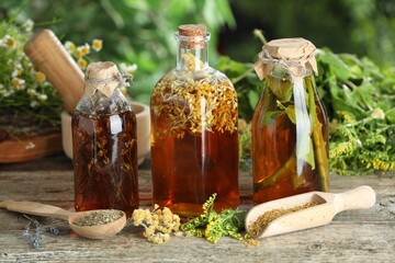 Different natural tinctures and herbs on wooden table outdoors