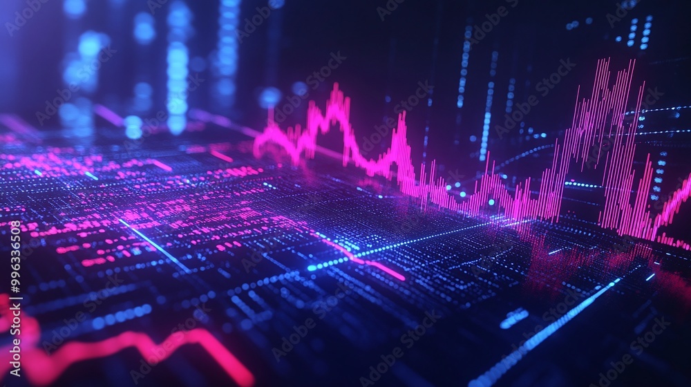 Poster abstract digital data visualization with vibrant colored graphs and futuristic elements.