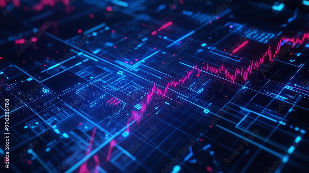 Poster abstract digital data visualization with vibrant colors and dynamic graphs representing financial gr
