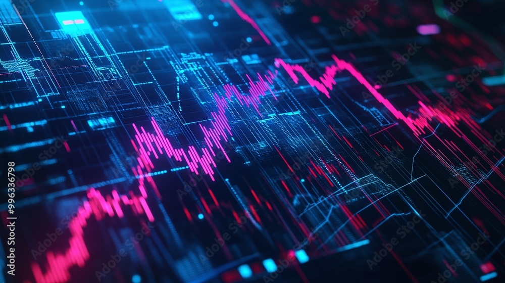Poster abstract digital data visualization with vibrant colors and dynamic graphs on a dark background.