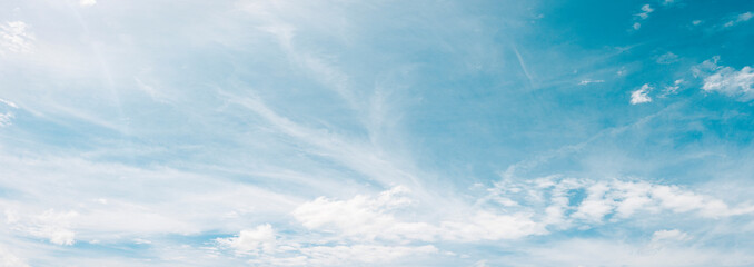 Panoramic Bright Blue Sky with White Cloud background: A Clear Summer Day with Light Gradients winter cloudy and Nature Beauty texture, Horizon air in summer day. abstract Landscape spring View wide