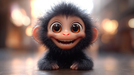 A fluffy digital monkey with large expressive eyes grins widely, surrounded by a cozy, colorful background that enhances its cheerful demeanor