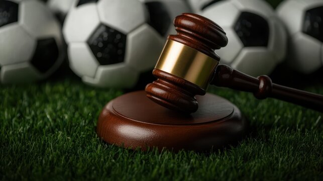 Gavel on grass with soccer balls, symbolizing sports law and justice.