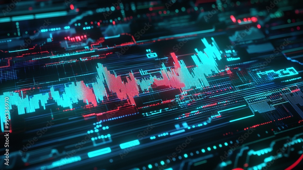 Poster abstract digital data visualization with vibrant colors and geometric patterns.