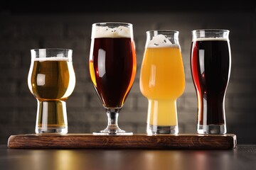 Glasses with different types of beer on wooden table in bar