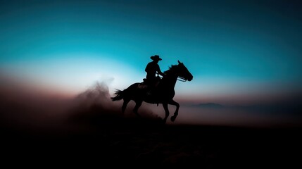 Silhouette of a cowboy riding a horse in a dramatic dusk setting.