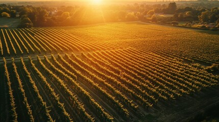 An aerial shot of a sprawling vineyard at sunset, with rows of grapevines bathed in golden light.