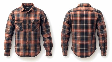 beautiful front and back A classic flannel shirt with a button-up front, featuring a plaid pattern and rolled-up sleeves, styled for a relaxed and casual look, on a white background