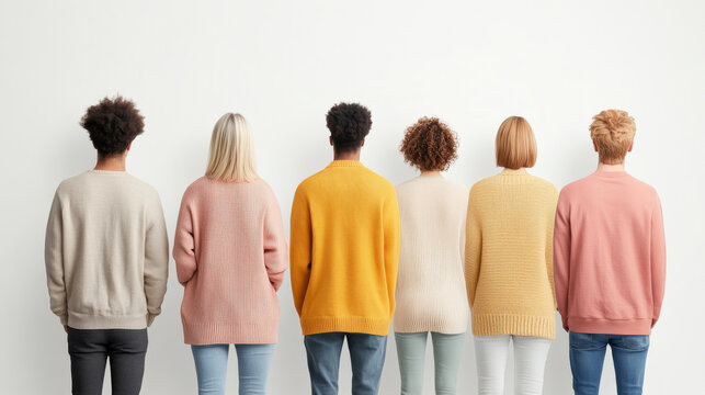 Cozy group of diverse individuals wearing stylish sweaters, standing together against neutral background. Their unique hairstyles and colors add vibrant touch to scene