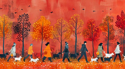 Fototapeta premium Seamless pattern, people walking with dogs in park. Endless repeating print design, cute puppies and pet owners strolling outdoors. Printable flat vector illustration for textile, fabric, wrapping