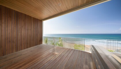 Balcony room with sea and beach view from the window. Modern interior with wooden slat wall panels and concrete tiles. Terrace mockup with sunlight. empty room with a window