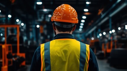 Worker in safety gear inside a modern industrial facility.