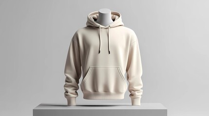 A men's casual hoodie with a drawstring hood and kangaroo pocket, in a soft neutral tone, displayed on a mannequin in a modern mockup with a white background
