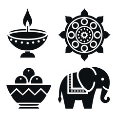 Diwali Festival of Lights. Elements of the holiday - an elephant, an ornament, sweets, a burning oil lamp. Icons, Vector isolated illustration