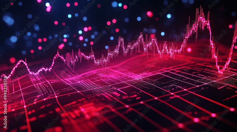 Poster abstract digital data visualization with vibrant lines and glowing elements against a dark backgroun