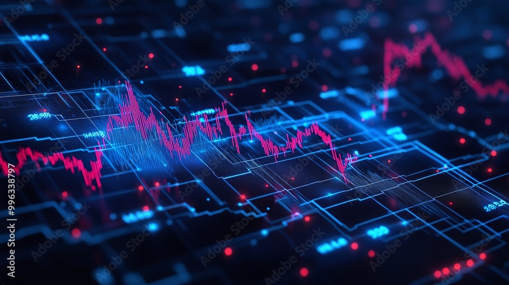 Poster abstract digital data visualization with vibrant lines and graph elements on a dark background.