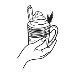 Hand holding beautiful cup with coffee, cream, cinnamon stick in black isolated on white background. Hand drawn vector sketch illustration in doodle engraved vintage line art style. Winter, Christmas