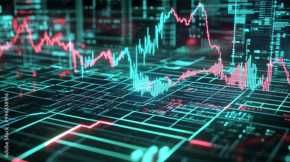 Poster abstract digital data visualization with vibrant lines and graphs displaying trends and fluctuations