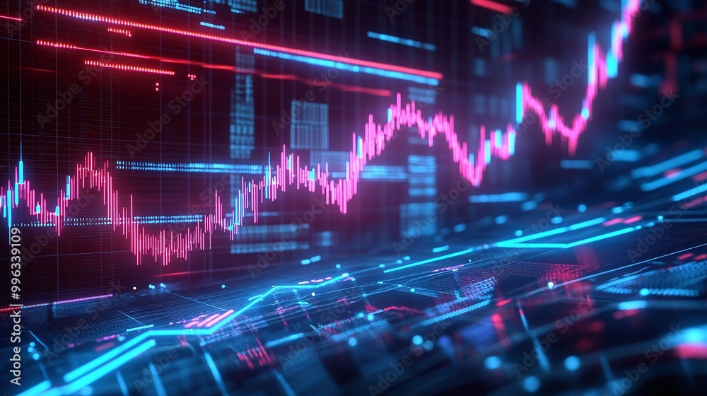 Poster abstract digital data visualization with vibrant lines and graphs representing fluctuating statistic