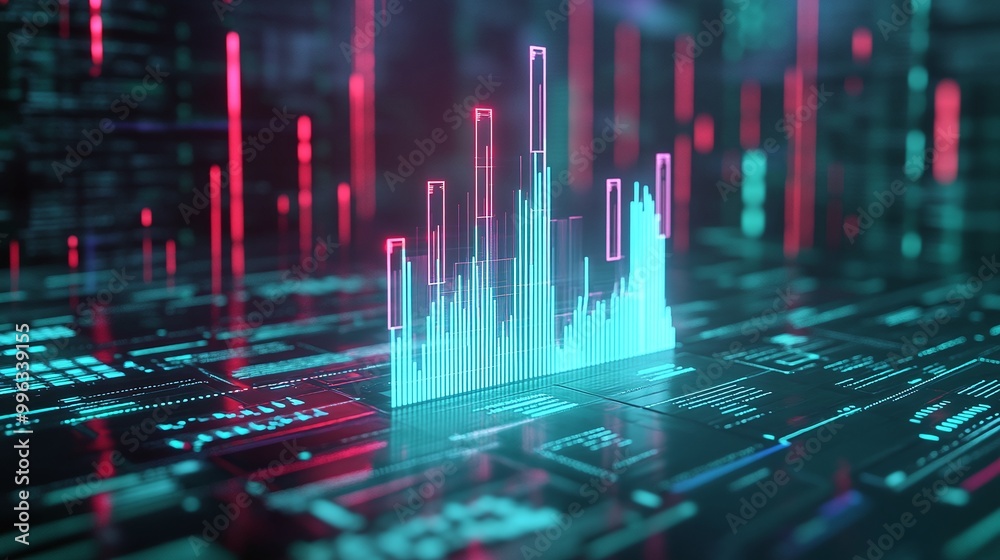 Poster abstract digital data visualization with vibrant neon colors and graph bars representing data analys