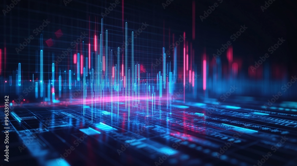 Poster abstract digital data visualization with vibrant peaks and grid, representing information flow and a