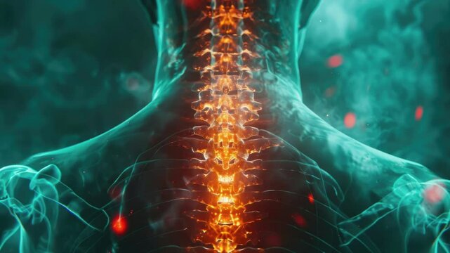 Digital composite of Highlighted spine of human with neck pain ,degenerative spinal disease problem herniated spinal disc, red glowing spinal cord to indicate pain in neck animation video 4k