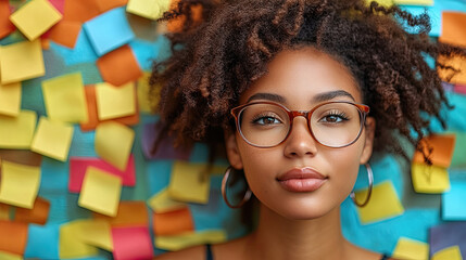 A young woman with curly hair and glasses smiles, surrounded by brightly colored sticky notes on a wall, showcasing creative energy and positivity