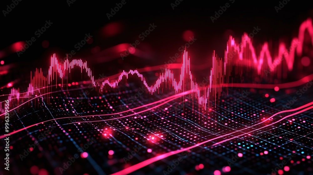 Poster abstract digital data visualization with vibrant pink lines on a dark background, representing stati