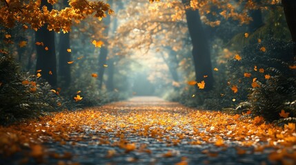 A serene forest path covered in fallen autumn leaves, with warm sunlight filtering through vibrant trees.