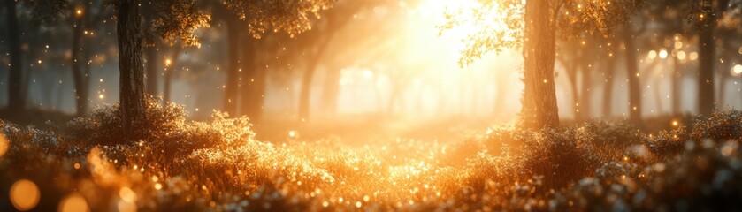 Fototapeta premium A serene forest scene illuminated by radiant golden sunlight filtering through tall trees.