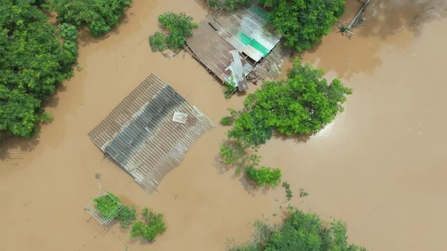 Rescue drone searching people in flooding in Southeast asian due to heavy rains and La Nina phenomenon.