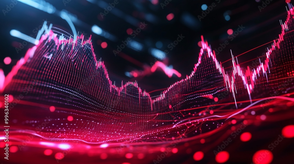 Poster abstract digital data visualization with vibrant red and blue waves, representing dynamic informatio