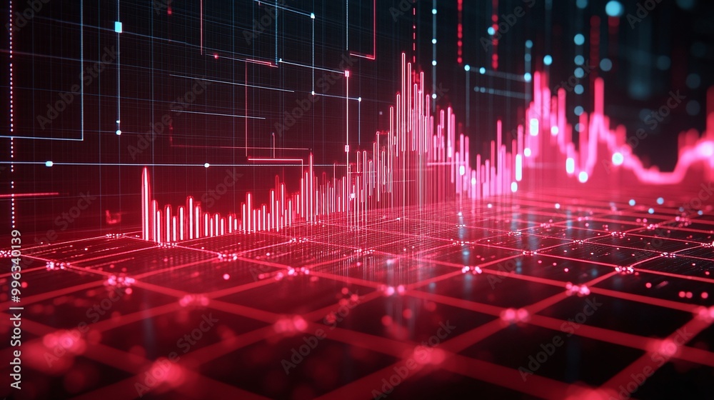 Poster abstract digital data visualization with vibrant red graphs and lines on a dark background.
