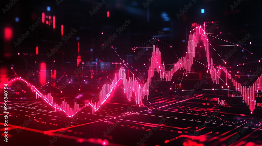 Poster abstract digital data visualization with vibrant red graphs and network connections on a dark backgr