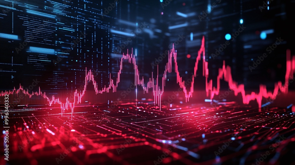 Poster abstract digital data visualization with vibrant red wave patterns on a dark background.