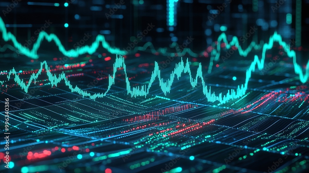 Poster abstract digital data visualization with vibrant wave patterns on a dark background.