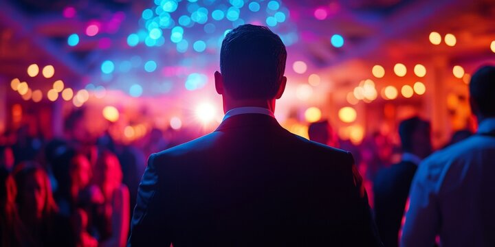VIP Escort Under Bright Lights, a security guard guiding a distinguished guest through a bustling event, illuminated by vibrant lighting.