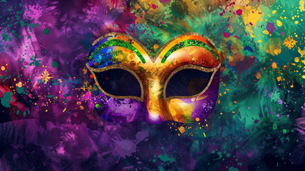 Elegant Beautiful Colorful Mardi Gras mask on purple background with beads