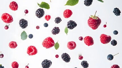 Berries falling in various positions on a white backdrop