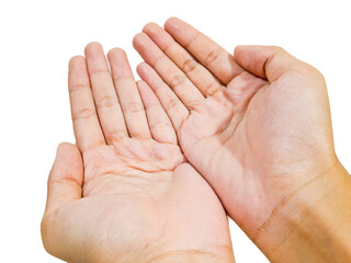 a woman's hand with a gesture of asking, praying, giving or showing something, showing the palm of the hand. isolated on white background and close up shot.