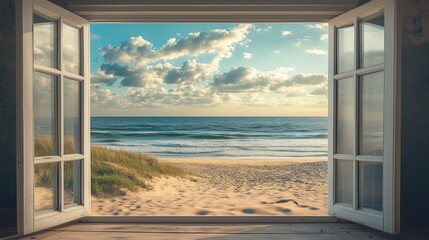 A stunning view of sandy beach and ocean waves from an open window with clouds in the sky.