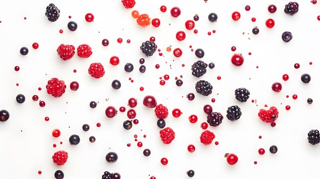 Berries falling in various positions on a white backdrop