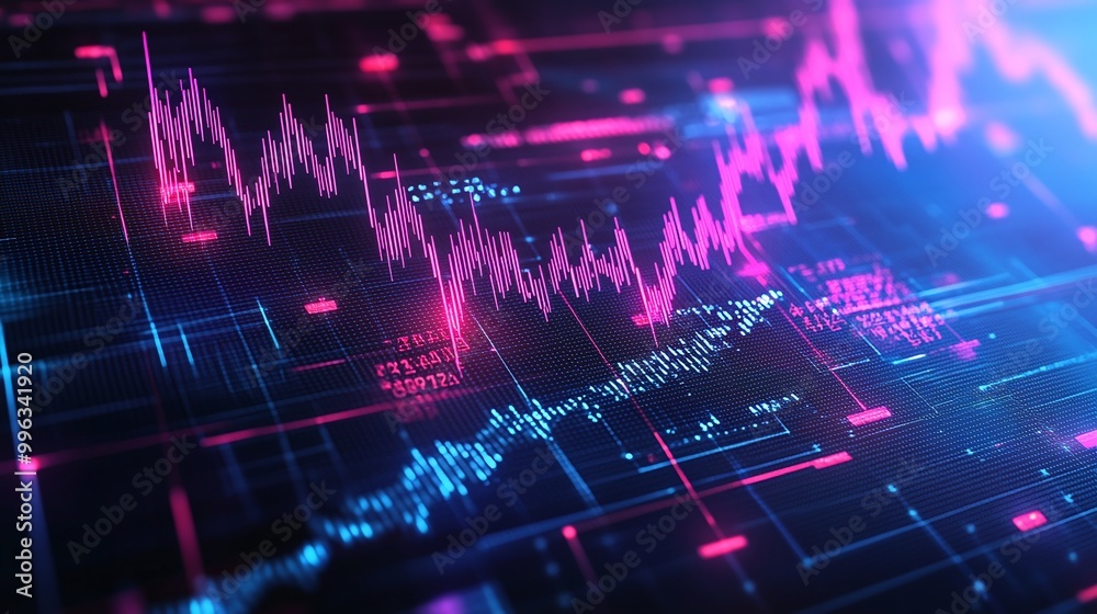 Poster abstract digital financial chart with colorful graphs and data visualizations.