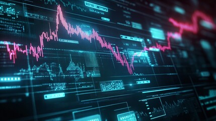 Abstract digital financial chart with glowing, pink and blue lines and data visualizations against a dark background.