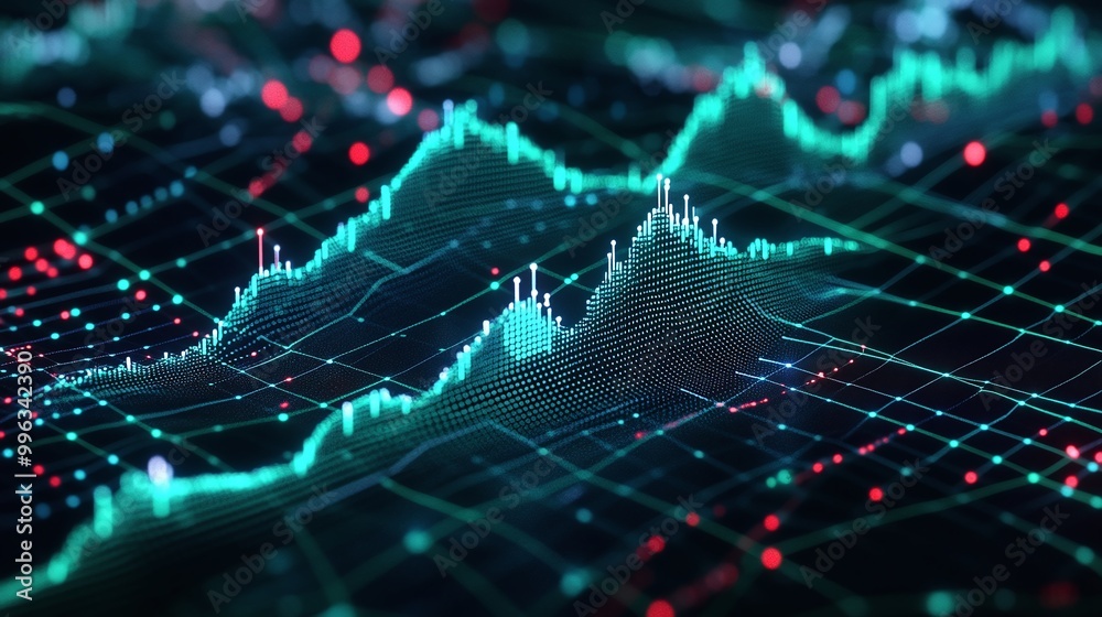 Poster abstract digital financial chart with glowing graphs and data points in dark background.