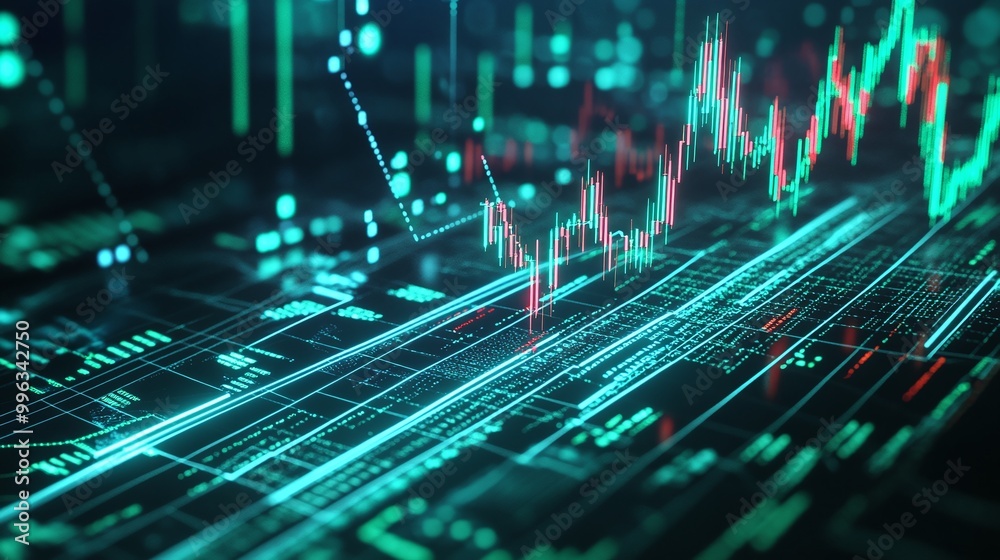 Poster abstract digital financial chart with glowing lines and data points on a dark background.