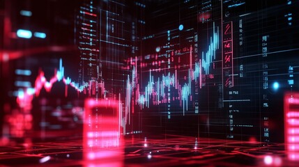 Abstract digital financial chart with glowing lines and data points in red and blue hues.