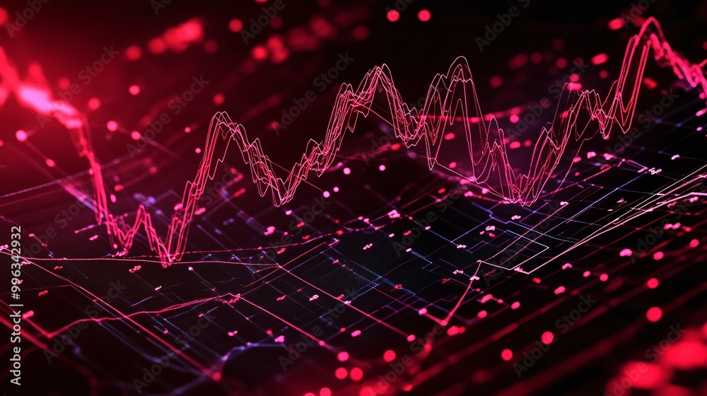 Poster abstract digital financial chart with glowing lines and dots on dark background representing data an